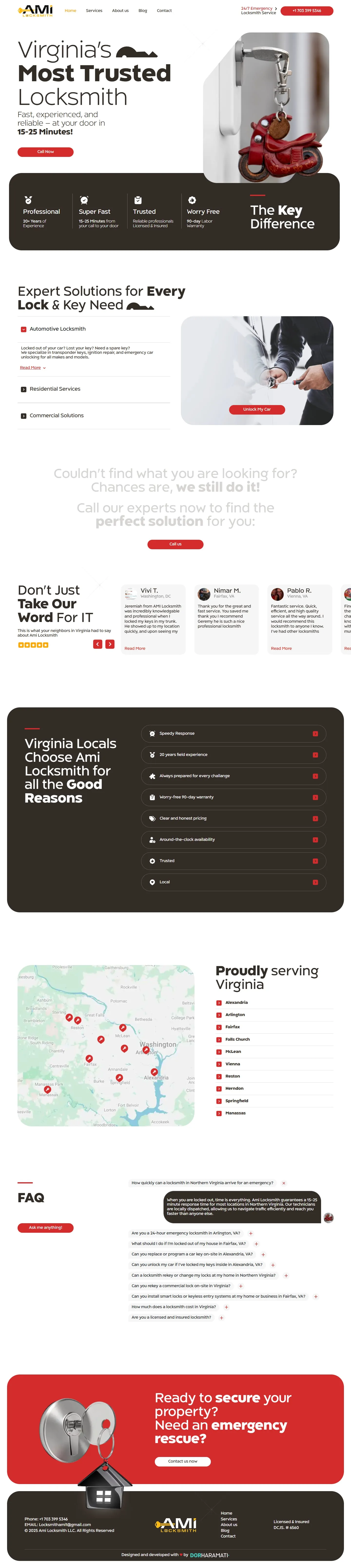 מוקאפ של אתר AMI Locksmith – הכותרת Virginia’s Most Trusted Locksmith ומחזיק מפתחות אדום על דלת לבנה