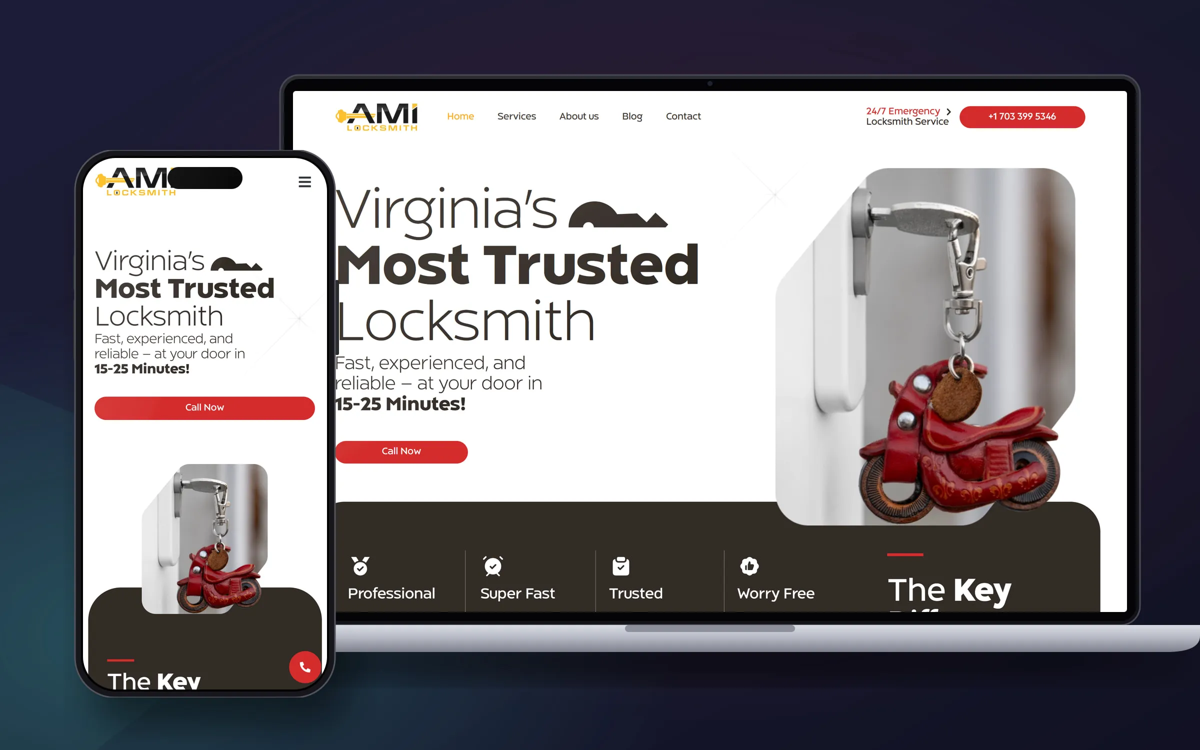 מוקאפ של אתר AMI Locksmith – הכותרת Virginia’s Most Trusted Locksmith ומחזיק מפתחות אדום על דלת לבנה