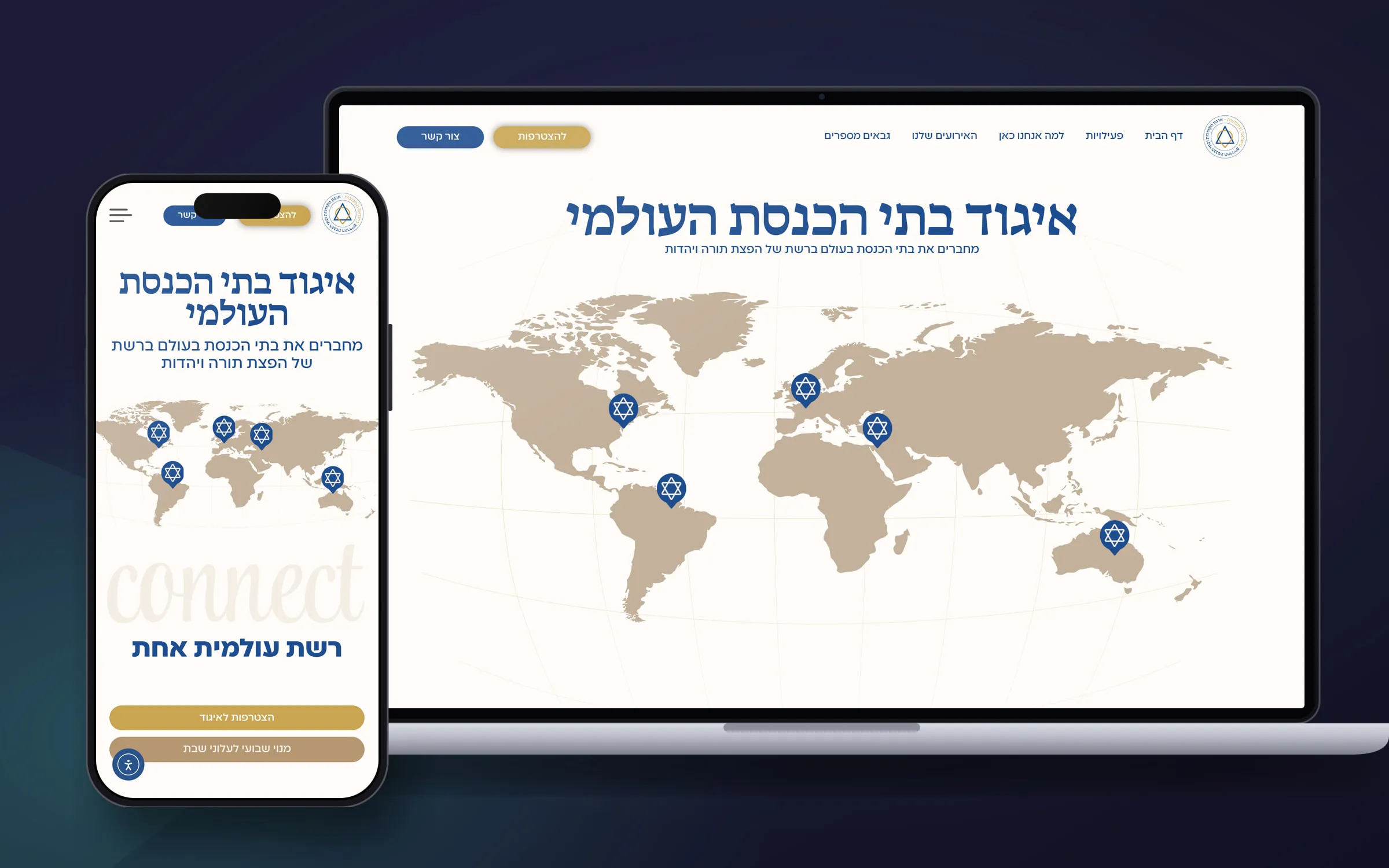 מוקאפ של אתר איגוד בתי הכנסת העולמי – מפת עולם עם סמלי מגן דוד והכותרת איגוד בתי הכנסת העולמי